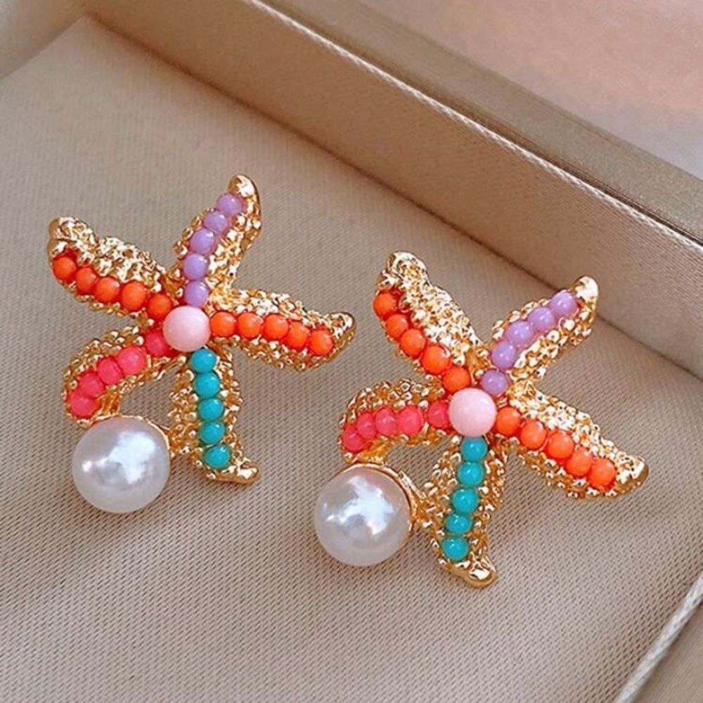 3for$20 1pair Sweet Bohemian Style Colorful Starfish & Faux Pearl Earrings